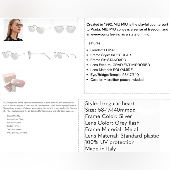 MIU MIU SILVER GRADIENT MIRRORED HEART SUNGLASSES - Picture 14 of 16